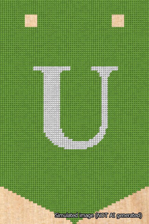A simulated image of the stitched needlepoint design: Banner 18m Pointed U White on Light Green. Not A.I. generated.