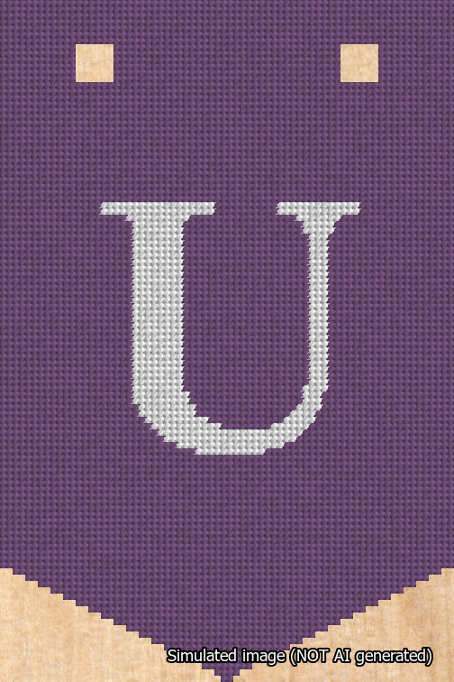 A simulated image of the stitched needlepoint design: Banner 18m Pointed U White on Purple. Not A.I. generated.