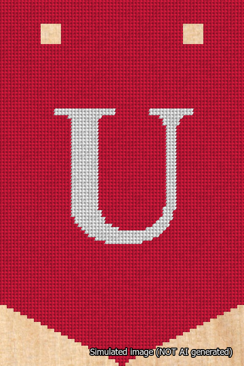 A simulated image of the stitched needlepoint design: Banner 18m Pointed U White on Red. Not A.I. generated.