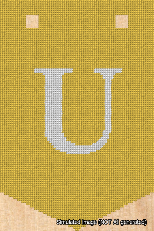 A simulated image of the stitched needlepoint design: Banner 18m Pointed U White on Yellow. Not A.I. generated.