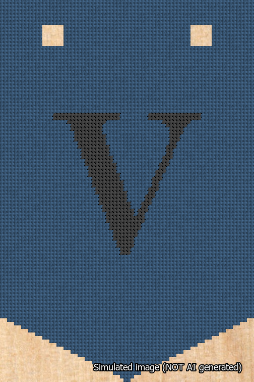 A simulated image of the stitched needlepoint design: Banner 18m Pointed V Black on Blue. Not A.I. generated.