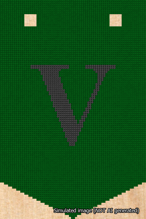 A simulated image of the stitched needlepoint design: Banner 18m Pointed V Black on Green. Not A.I. generated.