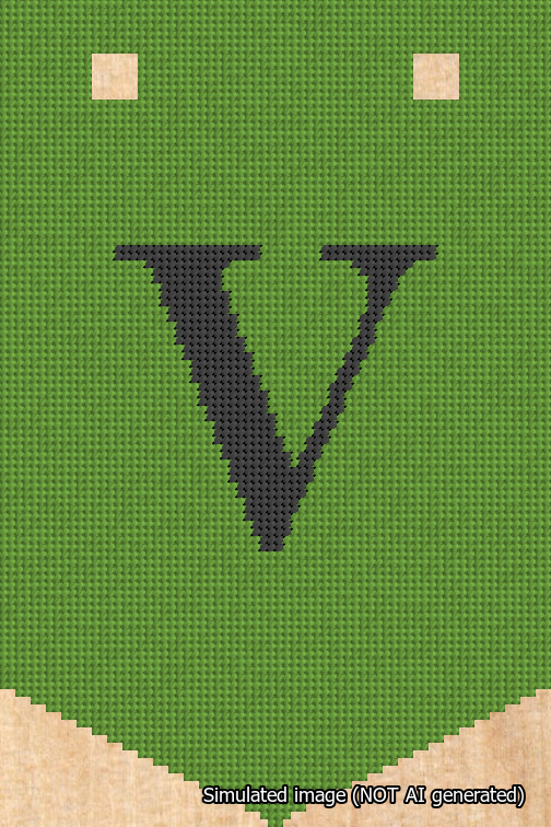 A simulated image of the stitched needlepoint design: Banner 18m Pointed V Black on Light Green. Not A.I. generated.