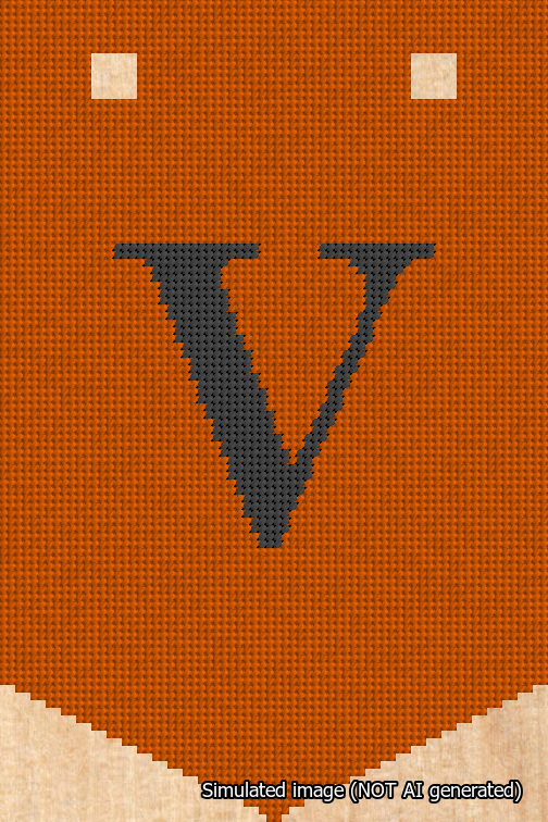 A simulated image of the stitched needlepoint design: Banner 18m Pointed V Black on Orange. Not A.I. generated.