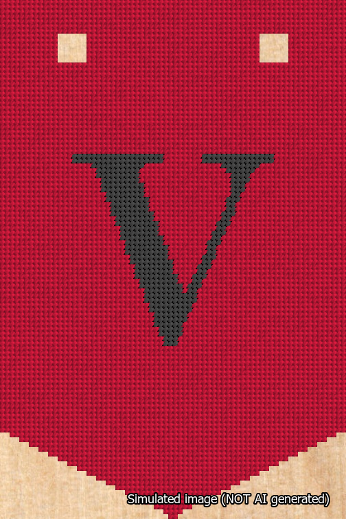 A simulated image of the stitched needlepoint design: Banner 18m Pointed V Black on Red. Not A.I. generated.