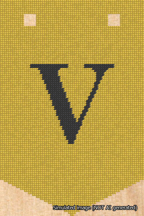 A simulated image of the stitched needlepoint design: Banner 18m Pointed V Black on Yellow. Not A.I. generated.