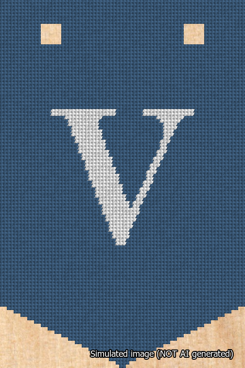 A simulated image of the stitched needlepoint design: Banner 18m Pointed V White on Blue. Not A.I. generated.