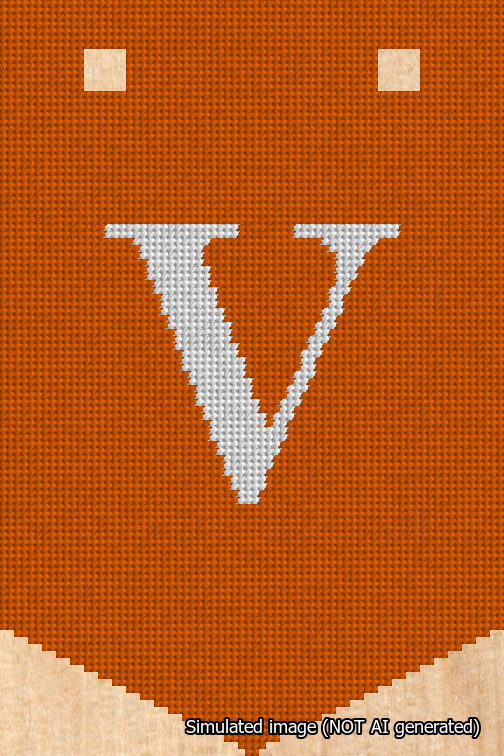 A simulated image of the stitched needlepoint design: Banner 18m Pointed V White on Orange. Not A.I. generated.