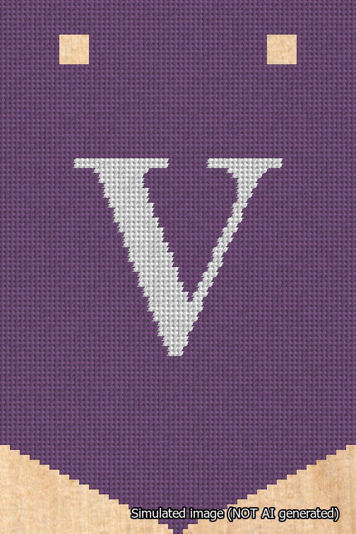 A simulated image of the stitched needlepoint design: Banner 18m Pointed V White on Purple. Not A.I. generated.