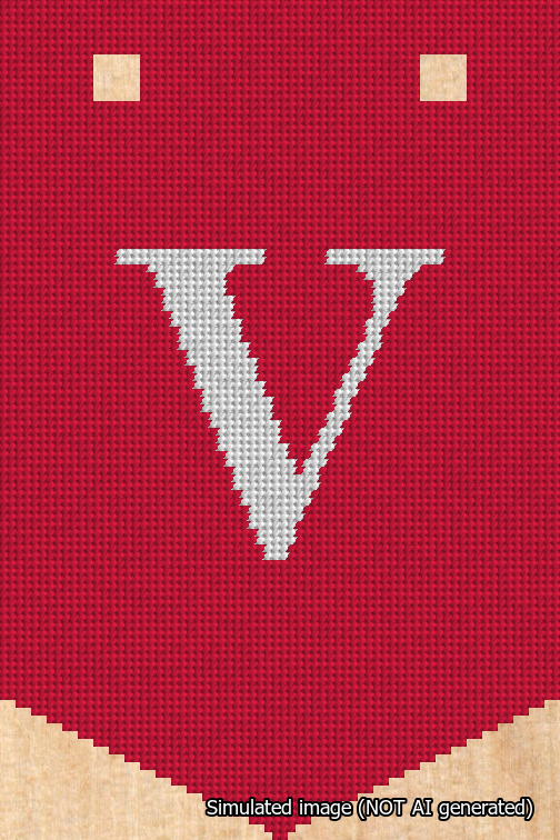 A simulated image of the stitched needlepoint design: Banner 18m Pointed V White on Red. Not A.I. generated.