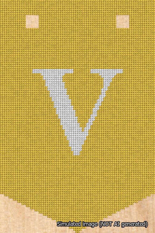 A simulated image of the stitched needlepoint design: Banner 18m Pointed V White on Yellow. Not A.I. generated.