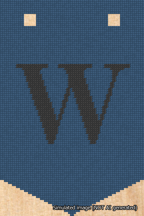 A simulated image of the stitched needlepoint design: Banner 18m Pointed W Black on Blue. Not A.I. generated.