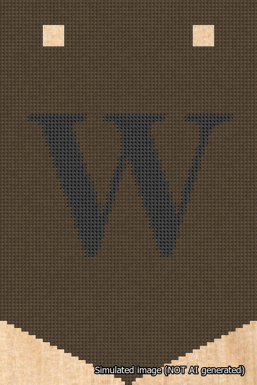 A simulated image of the stitched needlepoint design: Banner 18m Pointed W Black on Brown. Not A.I. generated.