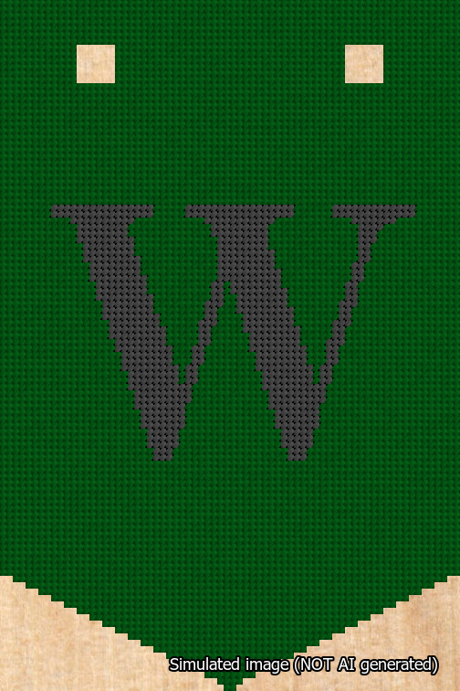 A simulated image of the stitched needlepoint design: Banner 18m Pointed W Black on Green. Not A.I. generated.