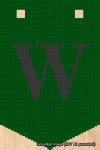 A simulated image of the stitched needlepoint design: Banner 18m Pointed W Black on Green. Not A.I. generated.