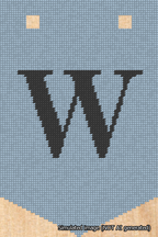 A simulated image of the stitched needlepoint design: Banner 18m Pointed W Black on Light Blue. Not A.I. generated.