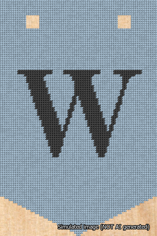 A simulated image of the stitched needlepoint design: Banner 18m Pointed W Black on Light Blue. Not A.I. generated.