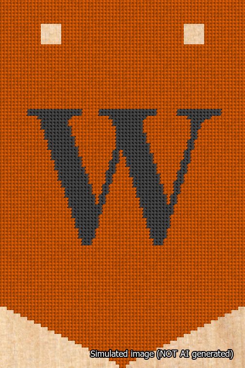 A simulated image of the stitched needlepoint design: Banner 18m Pointed W Black on Orange. Not A.I. generated.