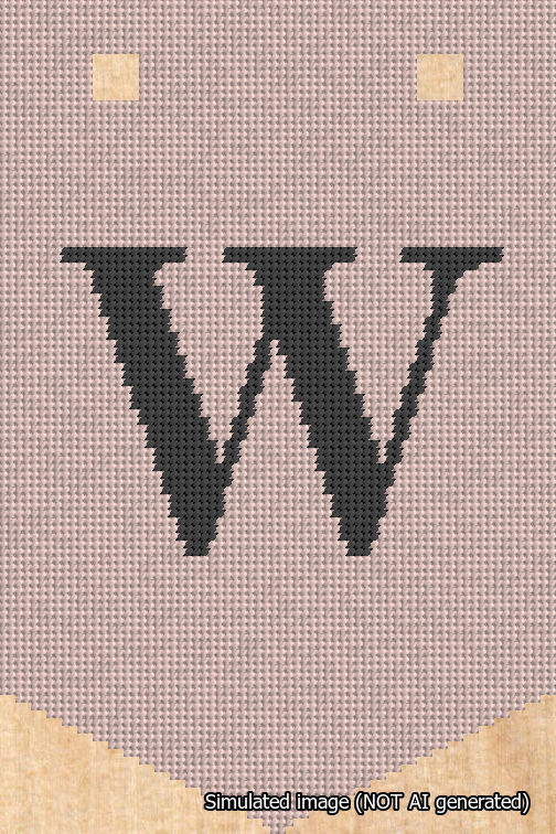 A simulated image of the stitched needlepoint design: Banner 18m Pointed W Black on Pink. Not A.I. generated.