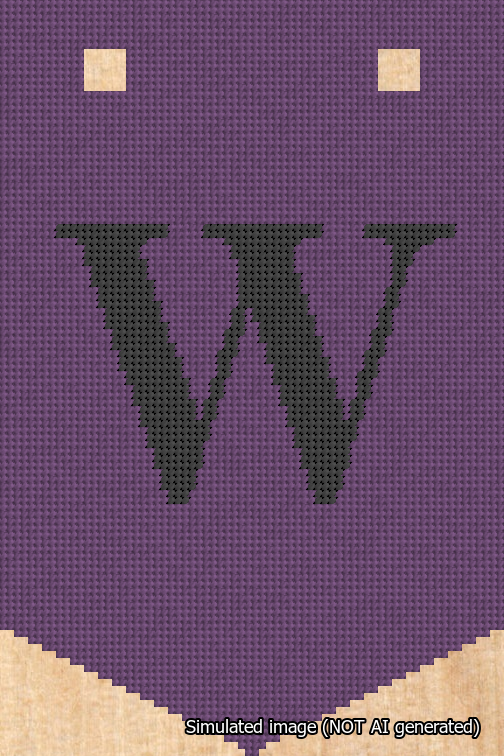 A simulated image of the stitched needlepoint design: Banner 18m Pointed W Black on Purple. Not A.I. generated.