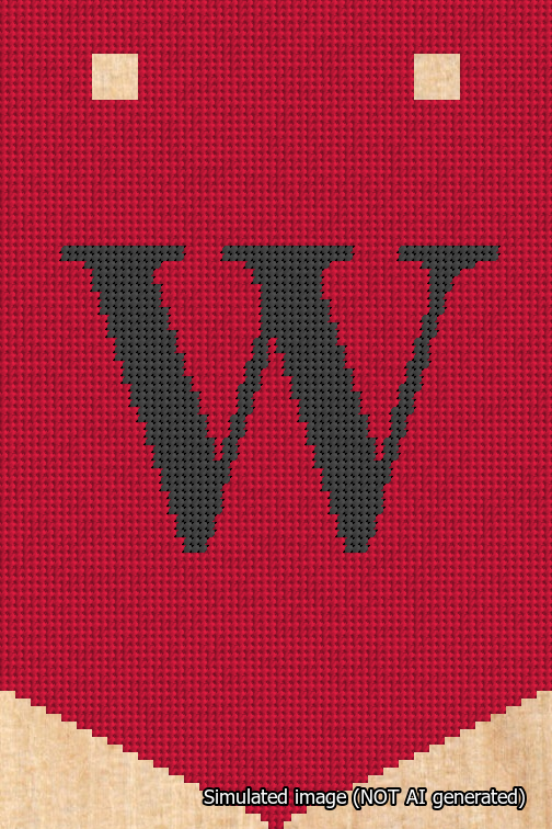 A simulated image of the stitched needlepoint design: Banner 18m Pointed W Black on Red. Not A.I. generated.