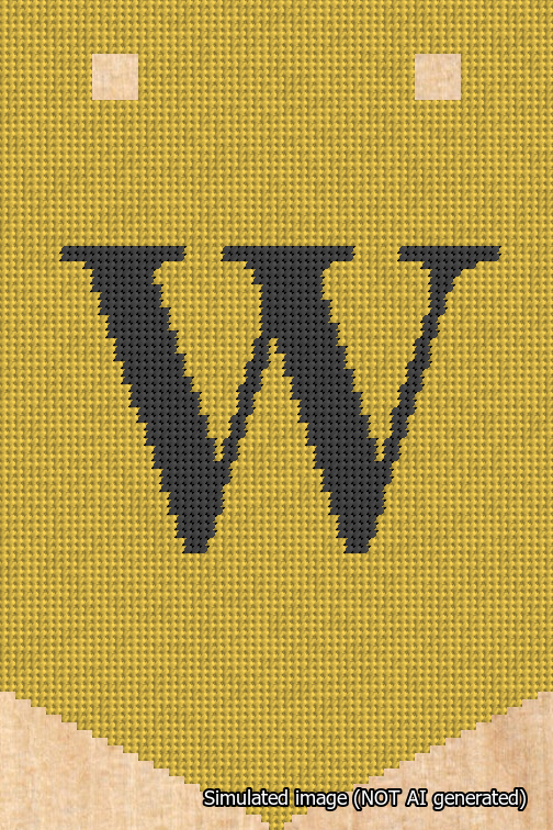 A simulated image of the stitched needlepoint design: Banner 18m Pointed W Black on Yellow. Not A.I. generated.
