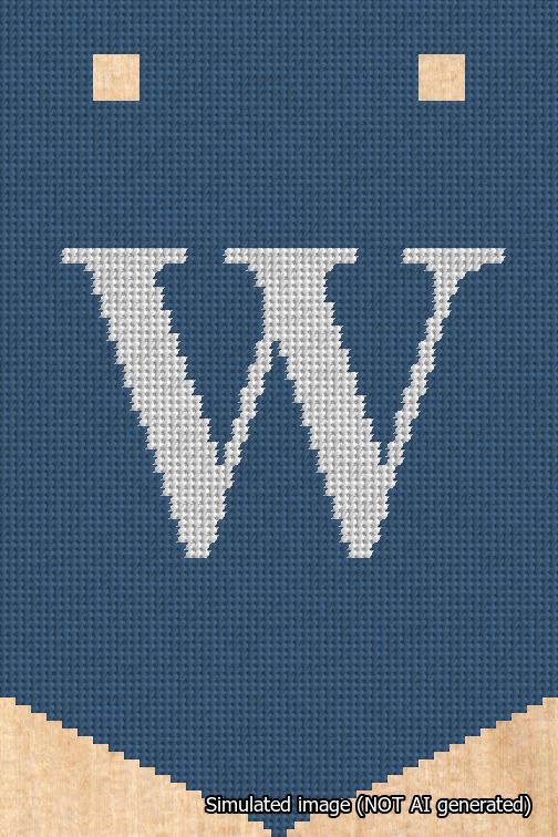 A simulated image of the stitched needlepoint design: Banner 18m Pointed W White on Blue. Not A.I. generated.