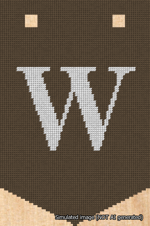 A simulated image of the stitched needlepoint design: Banner 18m Pointed W White on Brown. Not A.I. generated.