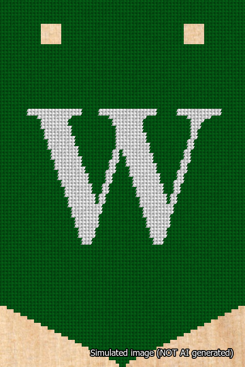 A simulated image of the stitched needlepoint design: Banner 18m Pointed W White on Green. Not A.I. generated.