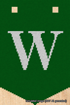 A simulated image of the stitched needlepoint design: Banner 18m Pointed W White on Green. Not A.I. generated.