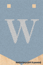 A simulated image of the stitched needlepoint design: Banner 18m Pointed W White on Light Blue. Not A.I. generated.