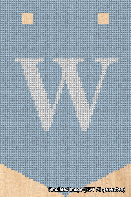 A simulated image of the stitched needlepoint design: Banner 18m Pointed W White on Light Blue. Not A.I. generated.