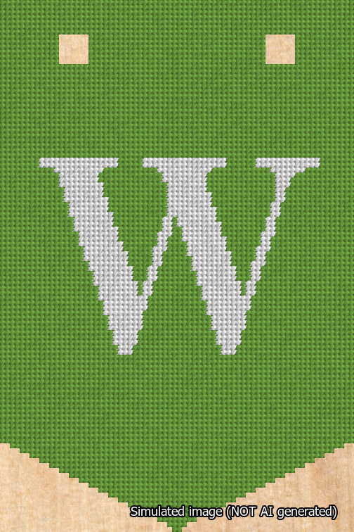 A simulated image of the stitched needlepoint design: Banner 18m Pointed W White on Light Green. Not A.I. generated.