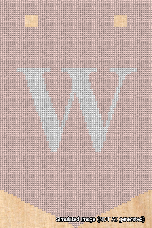 A simulated image of the stitched needlepoint design: Banner 18m Pointed W White on Pink. Not A.I. generated.