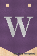 A simulated image of the stitched needlepoint design: Banner 18m Pointed W White on Purple. Not A.I. generated.