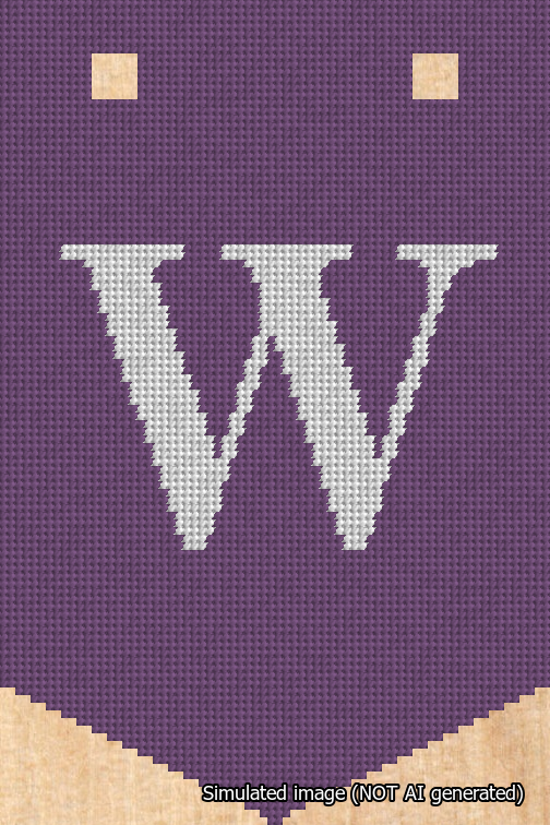 A simulated image of the stitched needlepoint design: Banner 18m Pointed W White on Purple. Not A.I. generated.