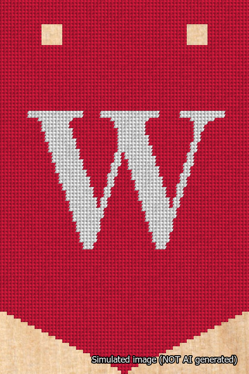 A simulated image of the stitched needlepoint design: Banner 18m Pointed W White on Red. Not A.I. generated.