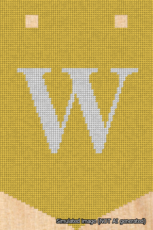A simulated image of the stitched needlepoint design: Banner 18m Pointed W White on Yellow. Not A.I. generated.