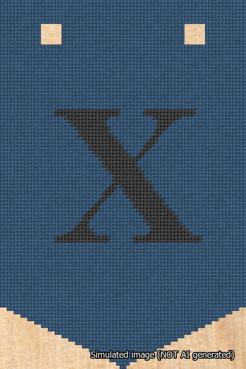 A simulated image of the stitched needlepoint design: Banner 18m Pointed X Black on Blue. Not A.I. generated.