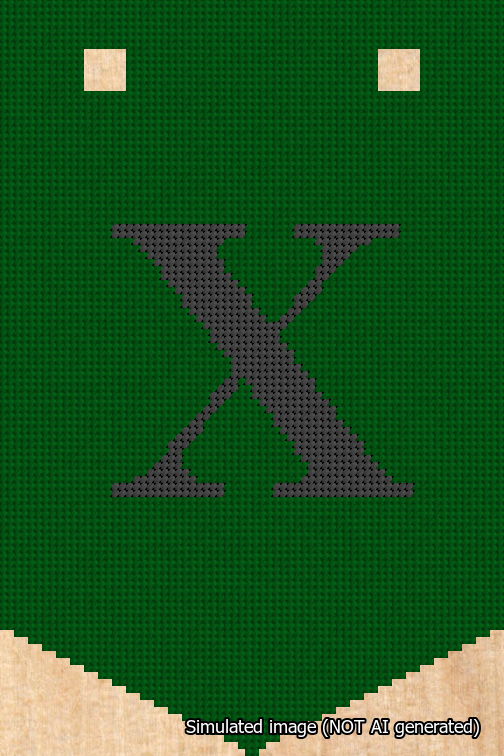 A simulated image of the stitched needlepoint design: Banner 18m Pointed X Black on Green. Not A.I. generated.
