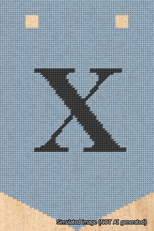 A simulated image of the stitched needlepoint design: Banner 18m Pointed X Black on Light Blue. Not A.I. generated.