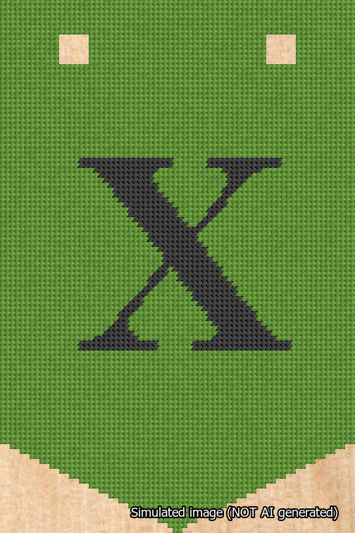 A simulated image of the stitched needlepoint design: Banner 18m Pointed X Black on Light Green. Not A.I. generated.
