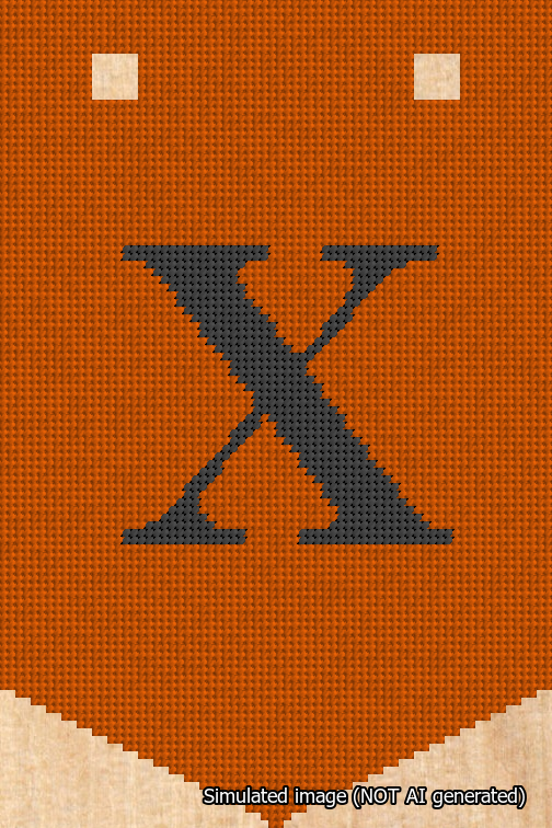 A simulated image of the stitched needlepoint design: Banner 18m Pointed X Black on Orange. Not A.I. generated.