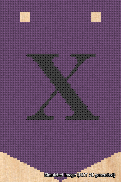 A simulated image of the stitched needlepoint design: Banner 18m Pointed X Black on Purple. Not A.I. generated.