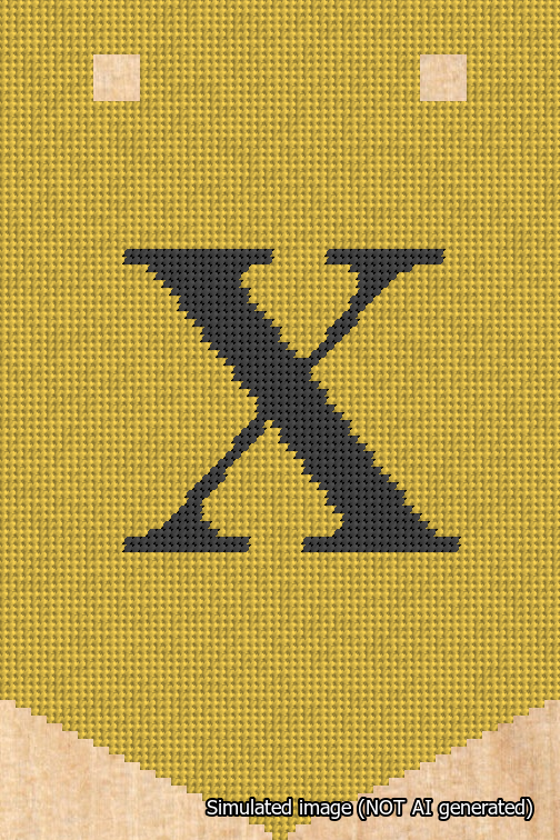 A simulated image of the stitched needlepoint design: Banner 18m Pointed X Black on Yellow. Not A.I. generated.