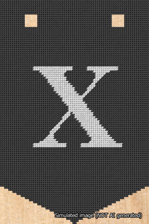 A simulated image of the stitched needlepoint design: Banner 18m Pointed X White on Black. Not A.I. generated.