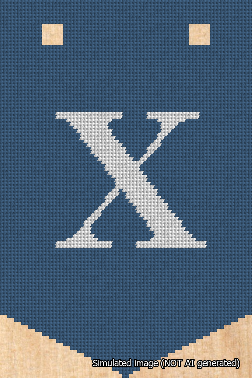A simulated image of the stitched needlepoint design: Banner 18m Pointed X White on Blue. Not A.I. generated.