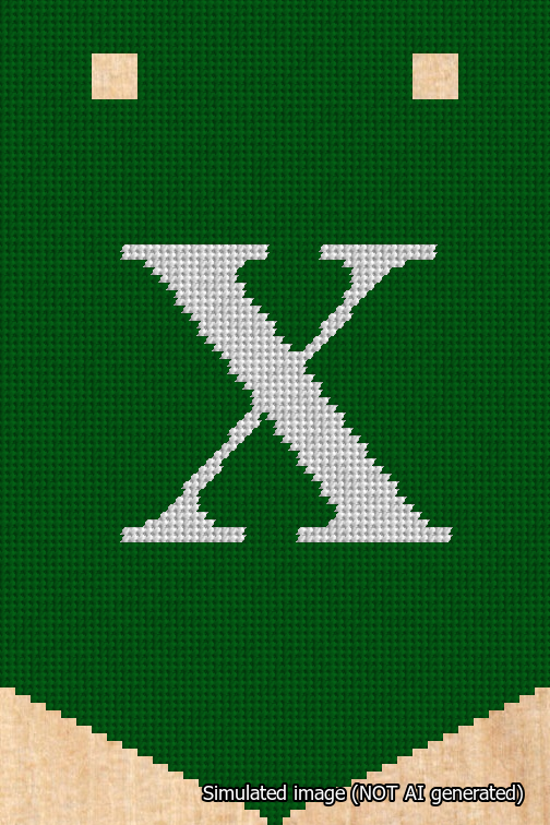 A simulated image of the stitched needlepoint design: Banner 18m Pointed X White on Green. Not A.I. generated.