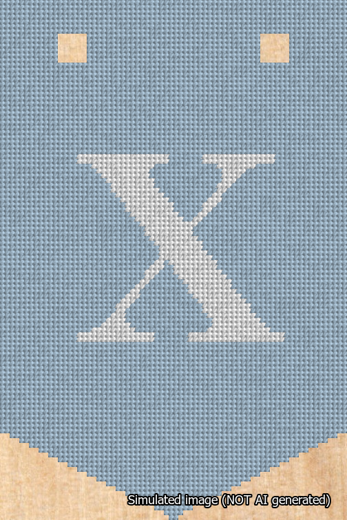 A simulated image of the stitched needlepoint design: Banner 18m Pointed X White on Light Blue. Not A.I. generated.