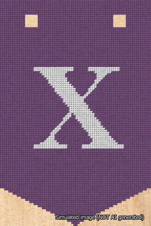 A simulated image of the stitched needlepoint design: Banner 18m Pointed X White on Purple. Not A.I. generated.